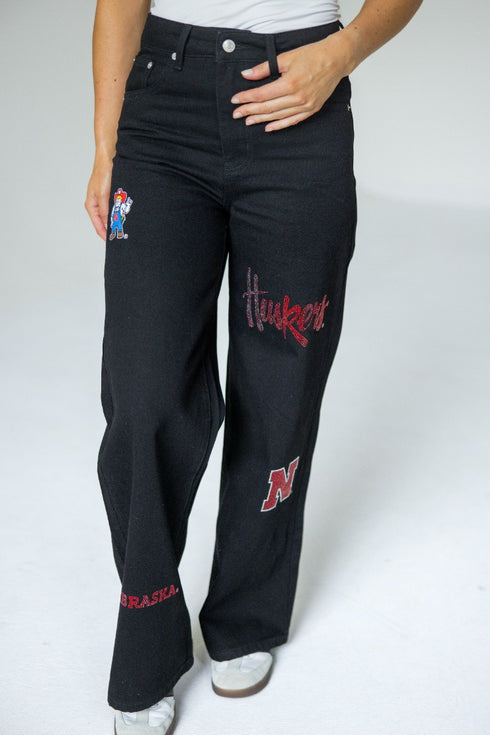Nebraska Alpha Bling Denim Wide Leg Jeans