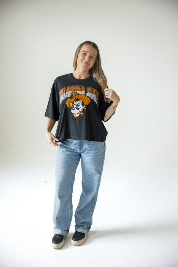 Oklahoma State Starlite Sequin Semi-Cropped Oversized Band Tee