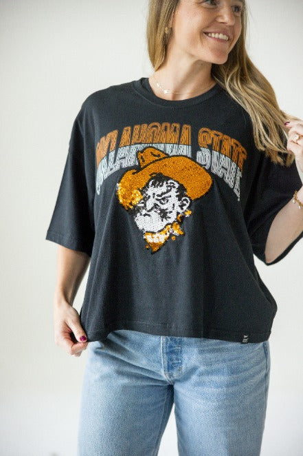 Oklahoma State Starlite Sequin Semi-Cropped Oversized Band Tee