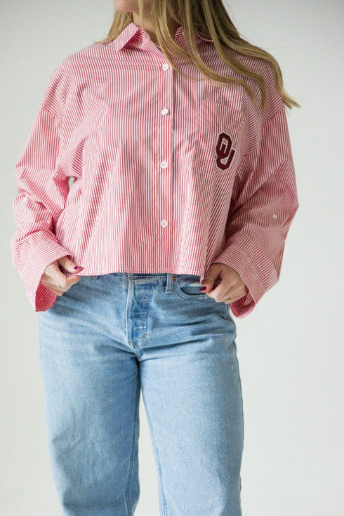 Oklahoma Logo Patch Striped Cropped Button Up