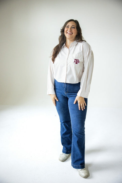 Texas A&M Logo Patch Striped Cropped Button Up
