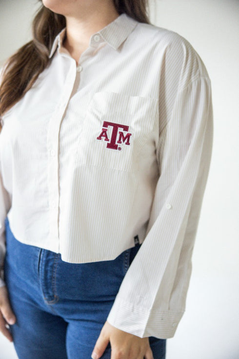 Texas A&M Logo Patch Striped Cropped Button Up