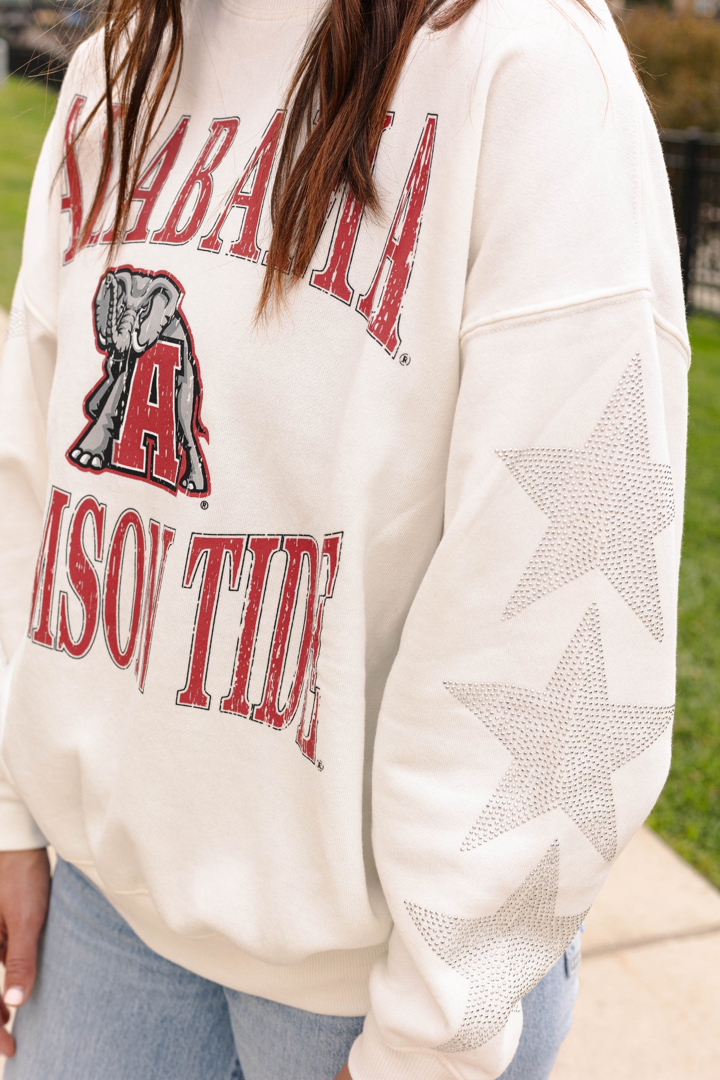 Alabama Wynn Star Sleeve White Oversized Crew