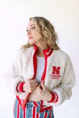 Nebraska Leadership Society Logo Patch Sherpa Leather Detail Jacket
