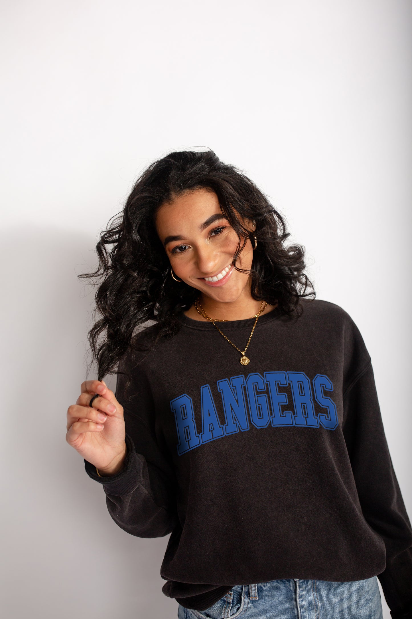 Rangers Varsity Puff Print Unisex Washed Black Fleece Crewneck
