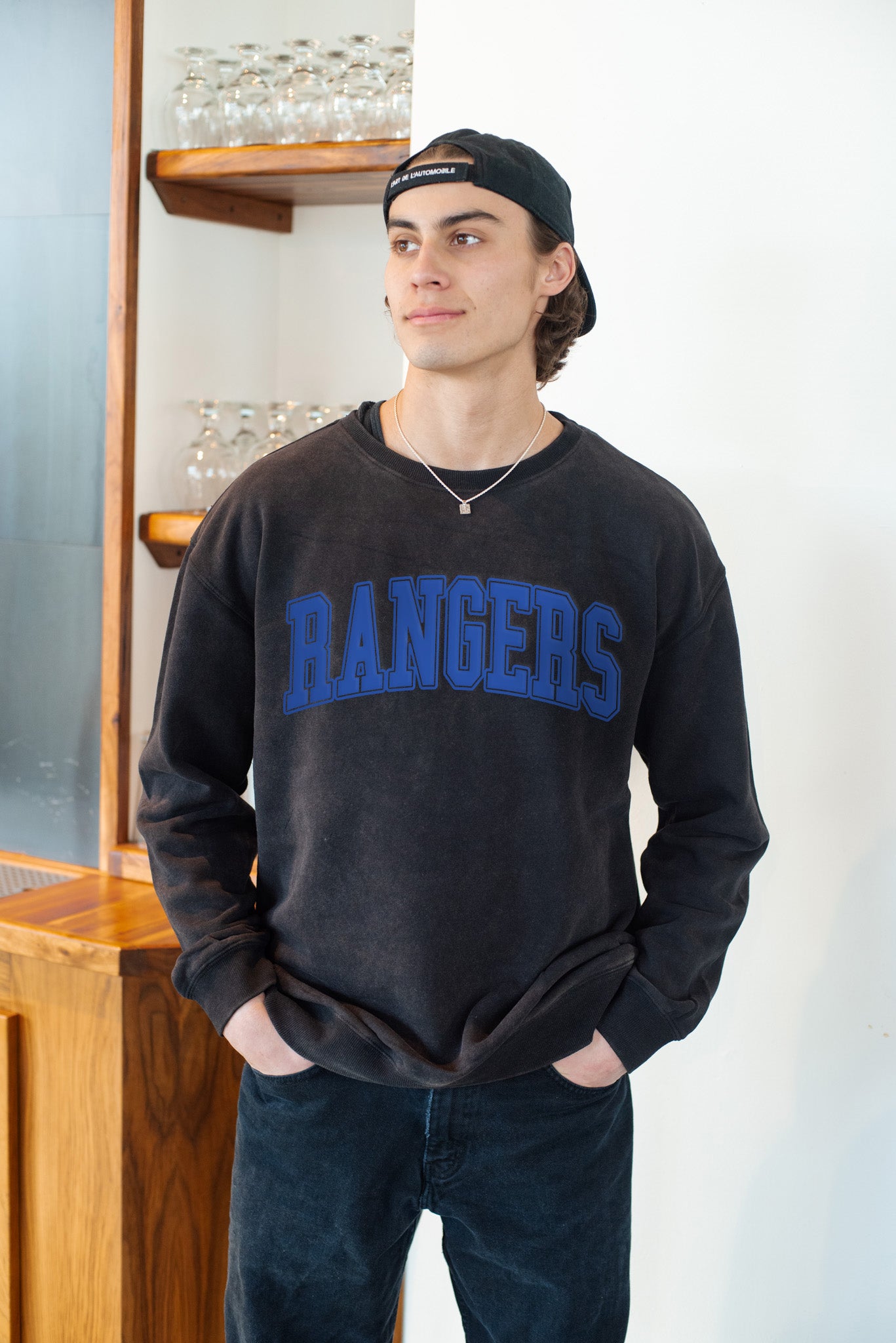 Rangers Varsity Puff Print Unisex Washed Black Fleece Crewneck