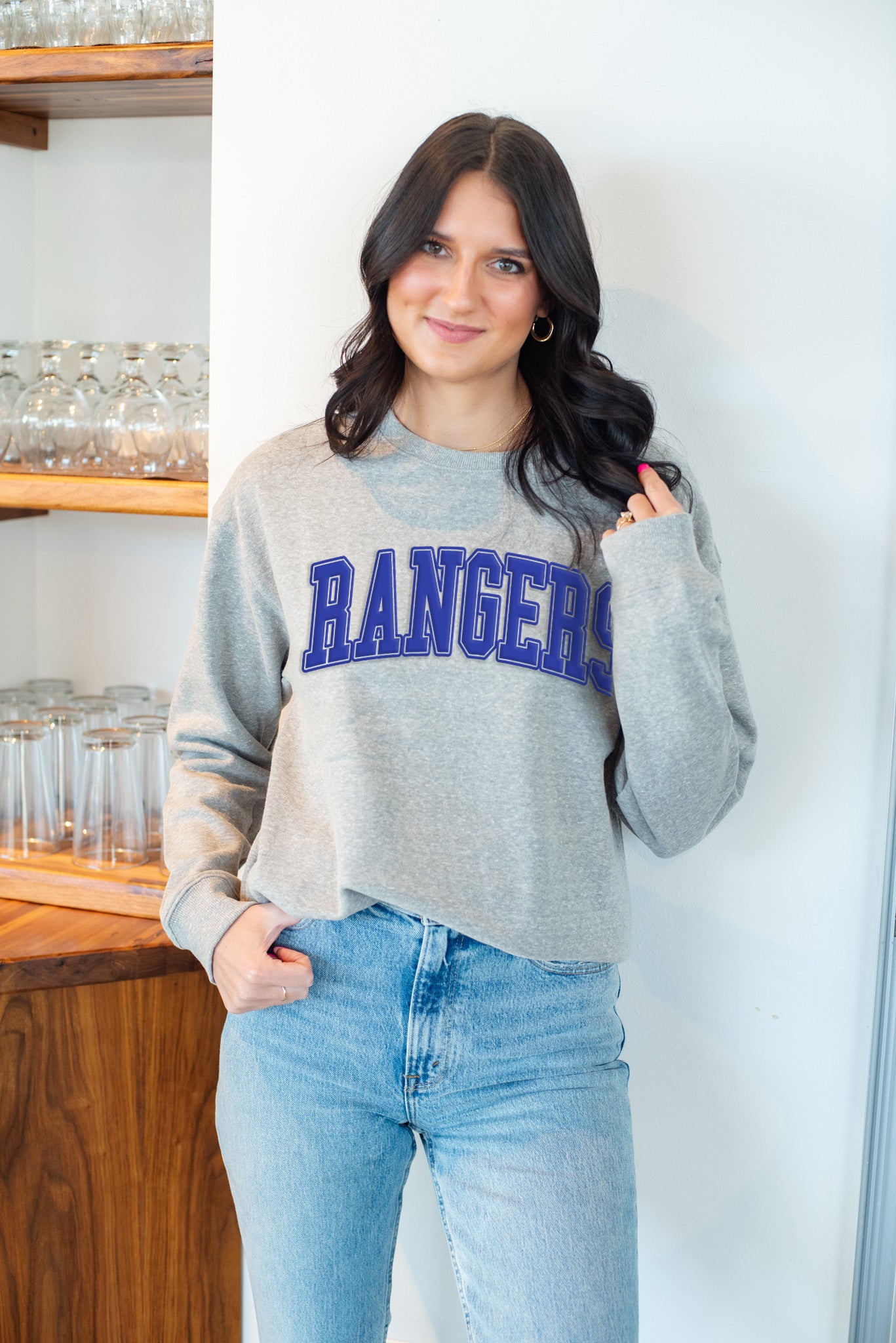 Rangers Varsity Puff Print Unisex Heather Grey Fleece Crewneck