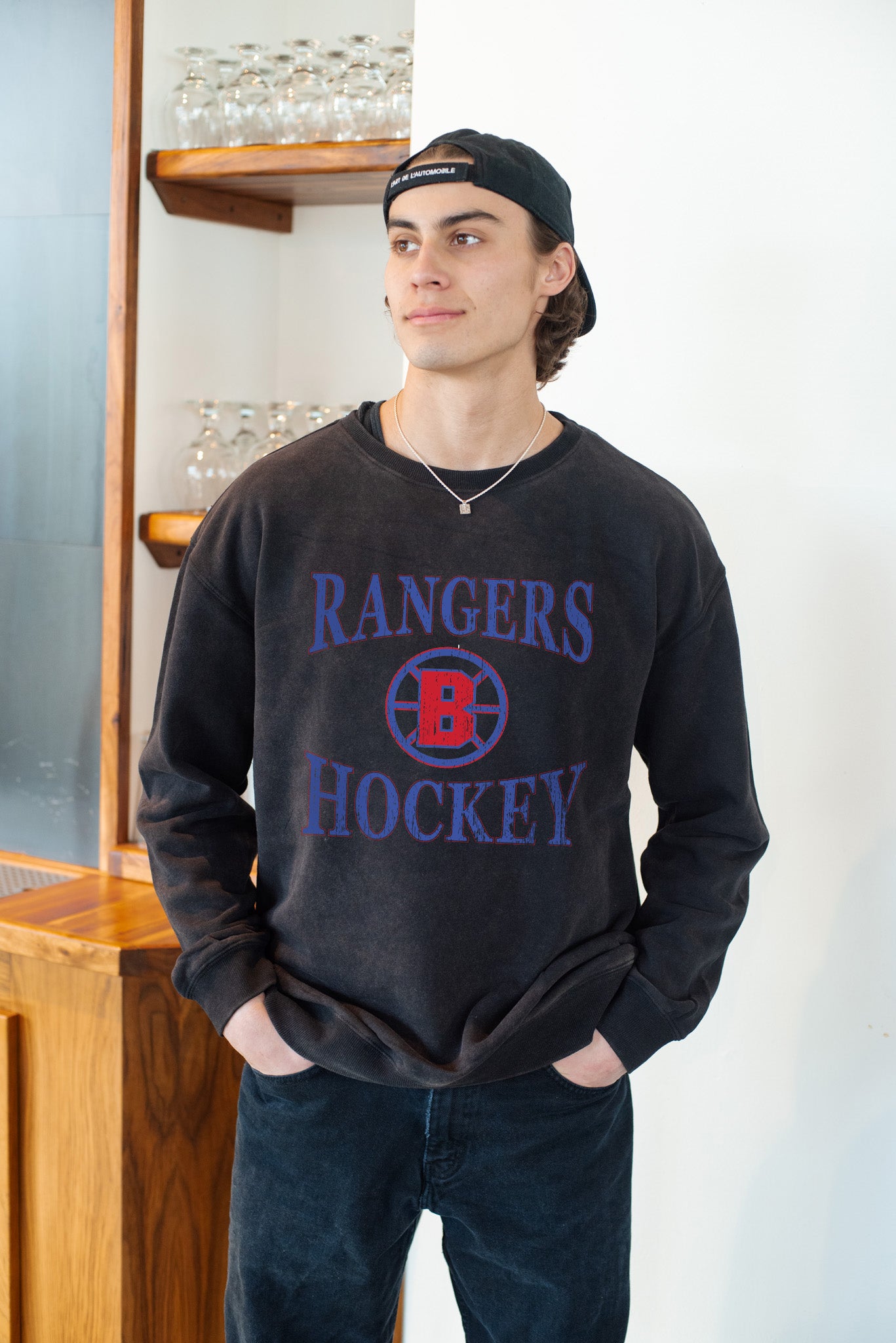 Rangers Wynn Washed Unisex Black Fleece Crewneck