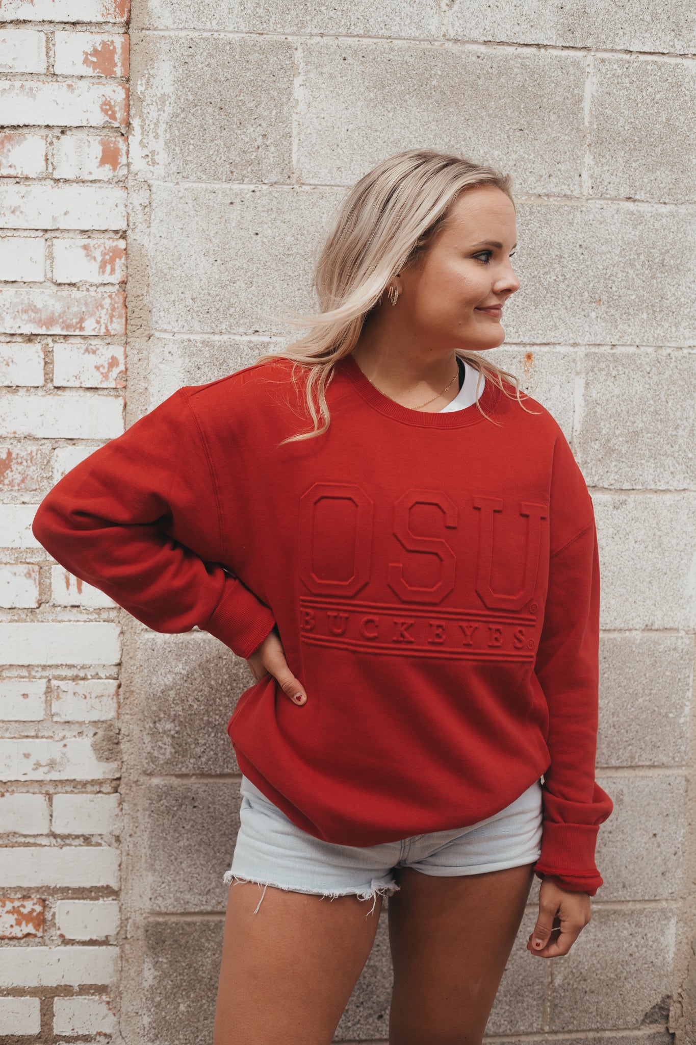 Ohio State College Lines Embossed Red Crew