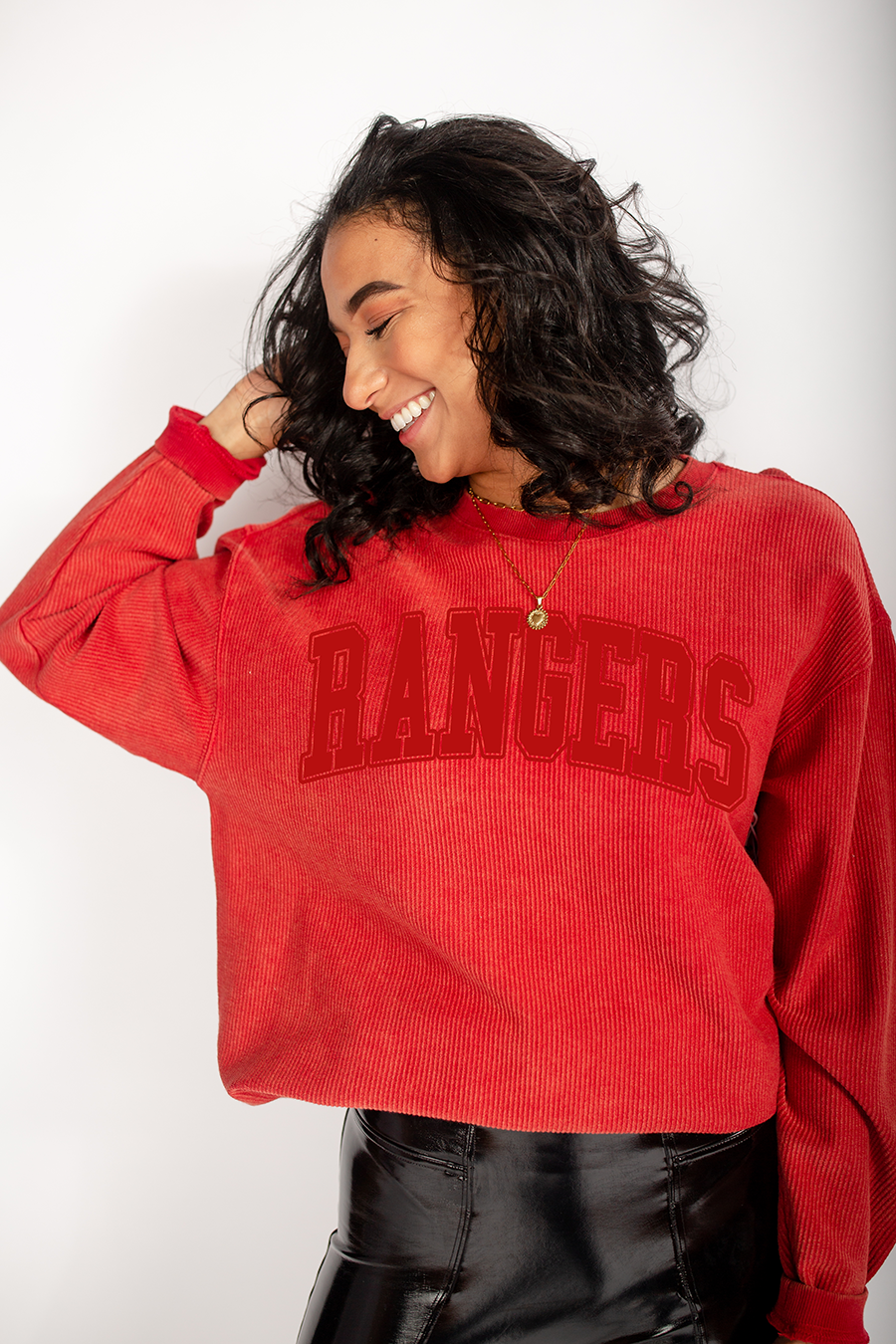 Rangers Varsity Puff Print Red Corded Crewneck