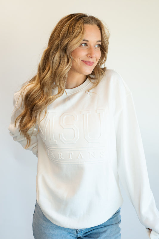Michigan State Embossed College Lines White Crewneck